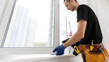 Worker in installing rubber seals on plastic upvc window. High quality photo